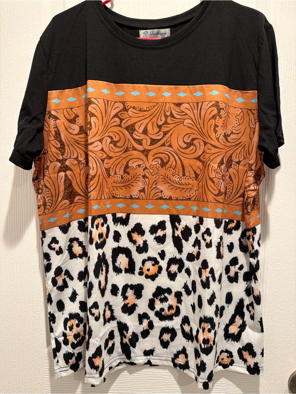 NWT Western Leopard Colorblock Top 2X Tooled Print Boutique Blouse